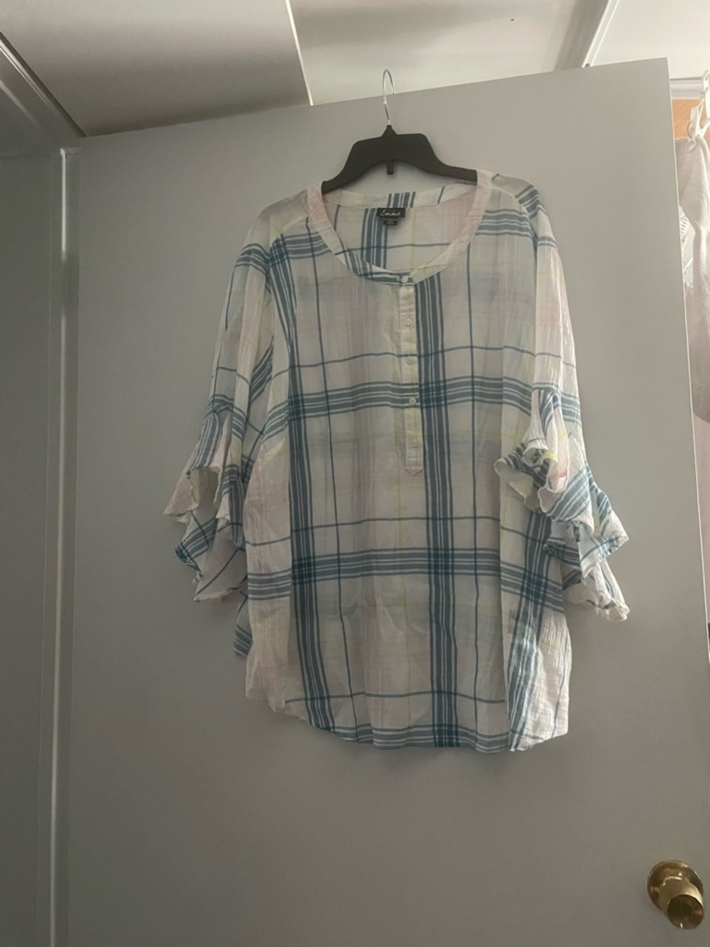 Simply Emma Blue and White Plaid Roll-Sleeve Women's Blouse